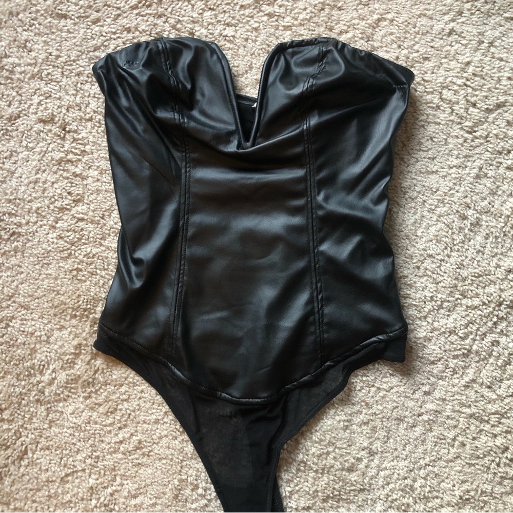 Free People Black Faux Leather Strapless Bodysuit